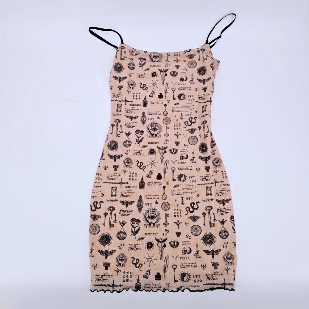 Princess Polly Mystery Mini Dress‎ Tan Occult Alchemy Mesh Y2K Size 2 Bodycon